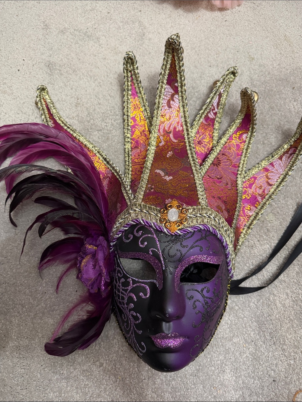 Purple Venetian Jester Mask with Gold Trim and Feathers